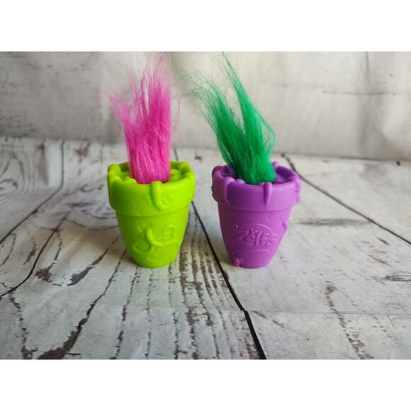 2 Lil Zelfs Planters Mini Troll Yellow Green Figure Purple Flowerpot Playset - Picture 10 of 11